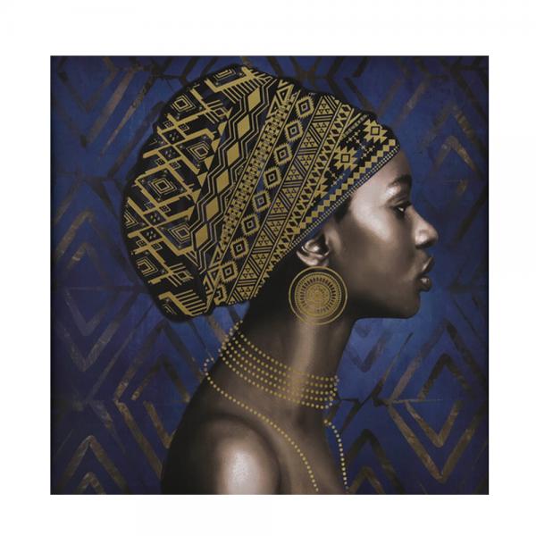 AFRICAN LADY ΠΙΝΑΚΑΣ ΚΑΜΒΑΣ ΜΠΛΕ ΧΡΥΣΟ ΞΥΛΟ 80x80xH3,5cm