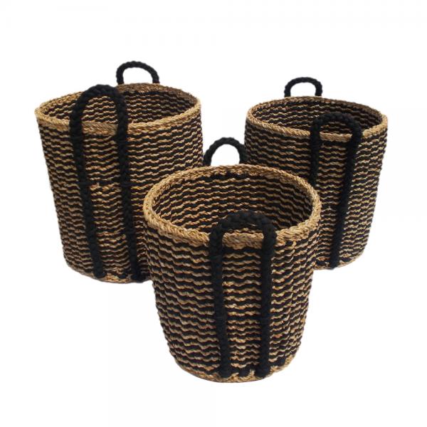 DURUK ΚΑΛΑΘΙ SET 3ΤΜΧ SEAGRASS HOGLA ROPE ΦΥΣΙΚΟ ΜΑΥΡΟ 45x45xH45cm