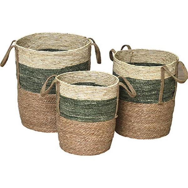 SET 3 ΚΑΛΑΘΙΑ, seagrass ΦΥΣΙΚΟ ΜΕ ΑΣΠΡΟ & ΠΡΑΣΙΝΟ, D42x48cm, D37x43cm, D32x38cm