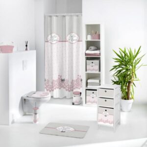 DANTELLE SET2, ΚΟΥΡΤΙΝΑ ΜΠΑΝΙΟΥ ΥΦΑΣΜ. POLYESTER & ΧΑΛΙ MICROFIBER, ΛΕΥΚΑ ME ΡΟΖ & ΓΚΡΙ.