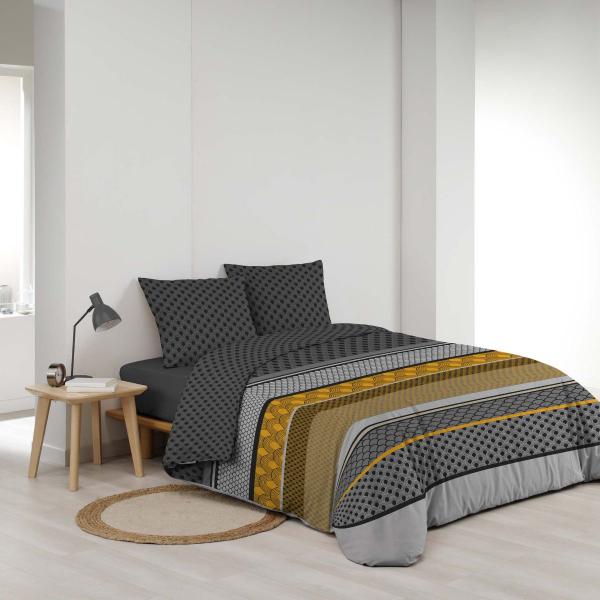 ART DECO, ΣΕΤ ΠΑΠΛΩΜΑΤΟΘΗΚΗ ΔΙΠΛΗ 240x220cm & ΔΥΟ ΜΑΞΙΛΑΡΟΘΗΚΕΣ, 100% POLYESTER ΓΚΡΙ ΜΕ ΚΙΤΡΙΝΟ