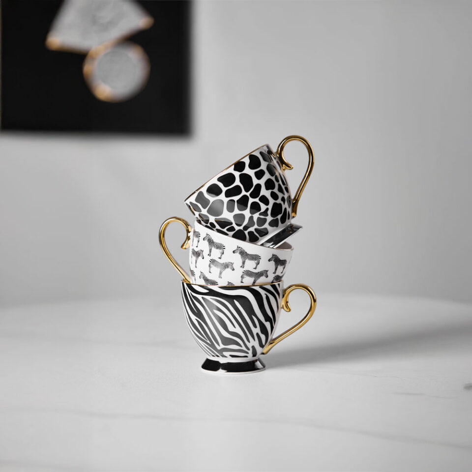 SAFARI ΚΟΥΠΑ 11x11x9 NEW BONE CHINA ΛΕΥΚΟ ΜΑΥΡΟ ΧΡΥΣΟ