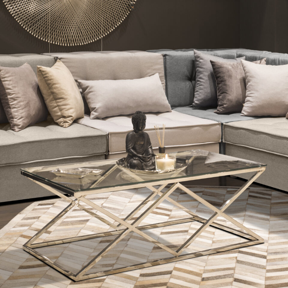 CONOR COFFEE TABLE ΑΣΗΜΙ ΔΙΑΦΑΝΟ 120x60x45