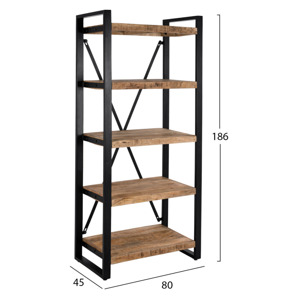 ΒΙΒΛΙΟΘΗΚΗ ΜΕΤΑΛΛΟ ΚΑΙ ΜΑΣΙΦ ΞΥΛΟ MANGO 80x45x186Υ εκ.