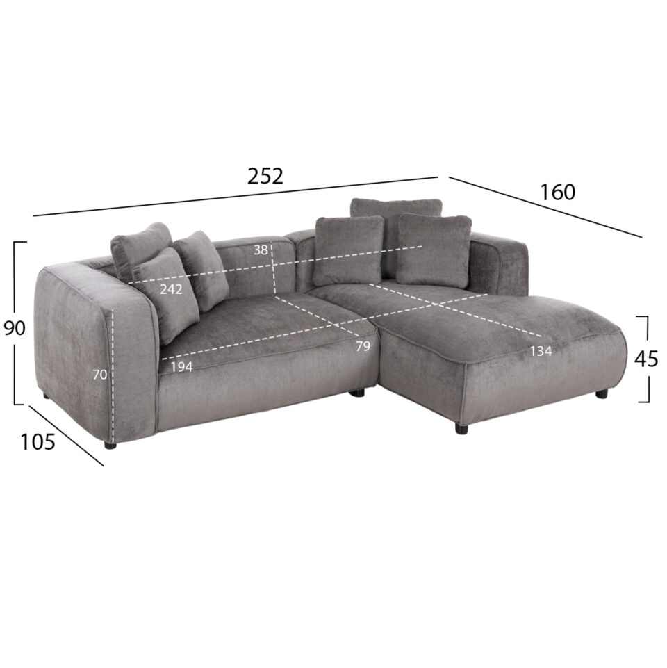 ΚΑΝΑΠΕΣ ΓΩΝΙΑ 3-ΘΕΣΙΟΣ GRACE ΓΚΡΙ ΥΦΑΣΜΑ 252x105-160x70-90Υεκ.