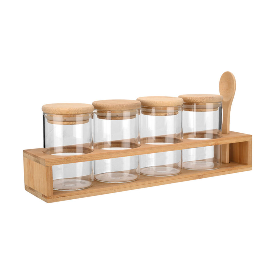 ΔΟΧΕΙΑ ΜΠΑΧΑΡΙΚΩΝ ΓΥΑΛΙΝΑ ΣΕΤ 5 ΤΕΜ 27x6.5x12.5cm ΜΕ ΒΑΣΗ BAMBOO ΚΑΙ ΚΟΥΤΑΛΙ