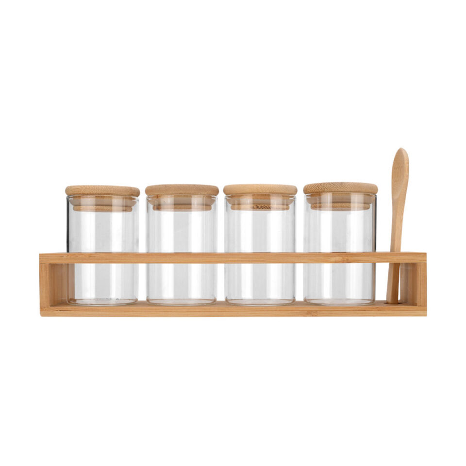 ΔΟΧΕΙΑ ΜΠΑΧΑΡΙΚΩΝ ΓΥΑΛΙΝΑ ΣΕΤ 5 ΤΕΜ 27x6.5x12.5cm ΜΕ ΒΑΣΗ BAMBOO ΚΑΙ ΚΟΥΤΑΛΙ