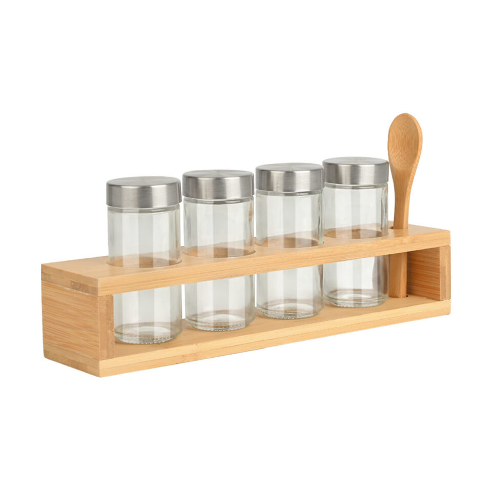 ΔΟΧΕΙΑ ΜΠΑΧΑΡΙΚΩΝ BAMBOO ESSENTIALS ΓΥΑΛΙΝΑ ΣΕΤ 6 ΤΕΜ ΜΕ ΜΕΤΑΛΛΙΚΟ ΚΑΠΑΚΙ & ΒΑΣΗ BAMBOO ΜΕ ΚΟΥ