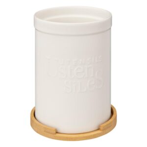 ΚΟΥΤΑΛΟΘΗΚΗ ΚΕΡΑΜΙΚΗ ΜΕ ΒΑΣΗ BAMBOO ΛΕΥΚΟ Φ12,8xΥ18cm