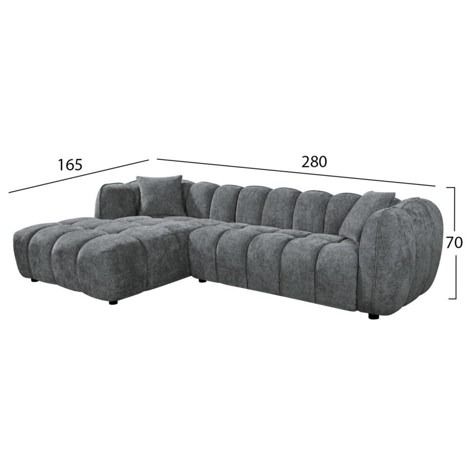 ΚΑΝΑΠΕΣ ΓΩΝΙΑ (ΑΡΙΣΤΕΡΗ) LYKKE ΓΚΡΙ ΥΦΑΣΜΑ 280x89-165(η γωνία)x70Υ εκ.