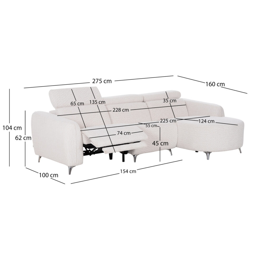 ΚΑΝΑΠΕΣ ΔΕΞΙΑ ΓΩΝΙΑ 3Θ ΜΕ RECLINE VALENTE ΜΠΕΖ ΥΦΑΣΜΑ 275x160x104Yεκ