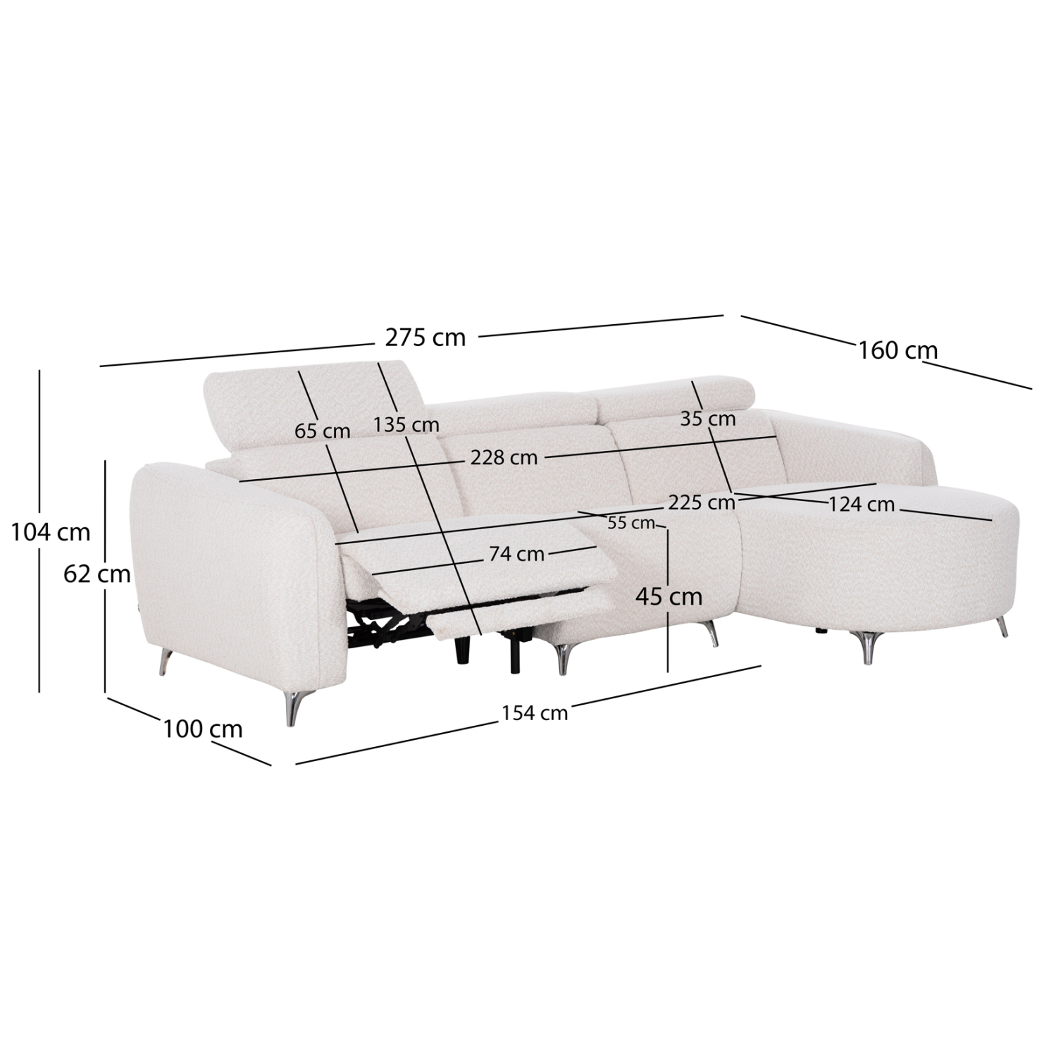 ΚΑΝΑΠΕΣ ΔΕΞΙΑ ΓΩΝΙΑ 3Θ ΜΕ RECLINE VALENTE ΜΠΕΖ ΥΦΑΣΜΑ 275x160x104Yεκ