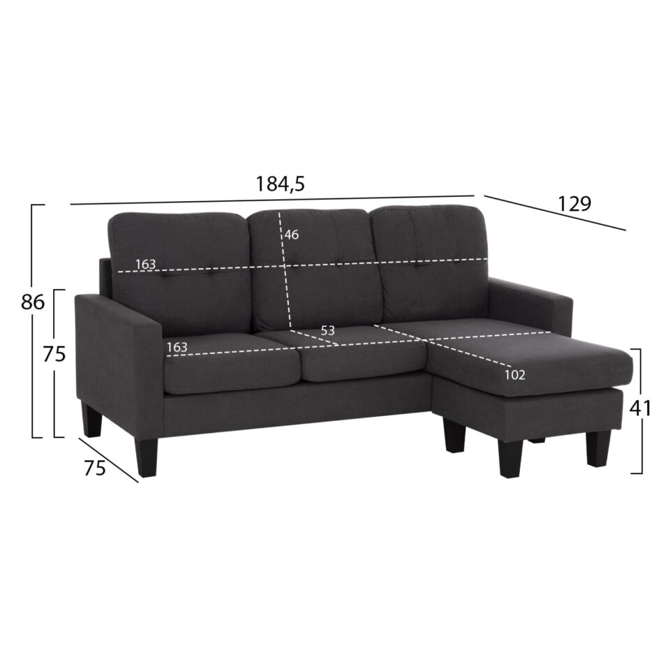 ΚΑΝΑΠΕΣ ΓΩΝΙΑ ΑΝΑΣΤΡΕΨΙΜΗ ΓΚΡΙ ΥΦΑΣΜΑ 184.5x75-129x86Yεκ.